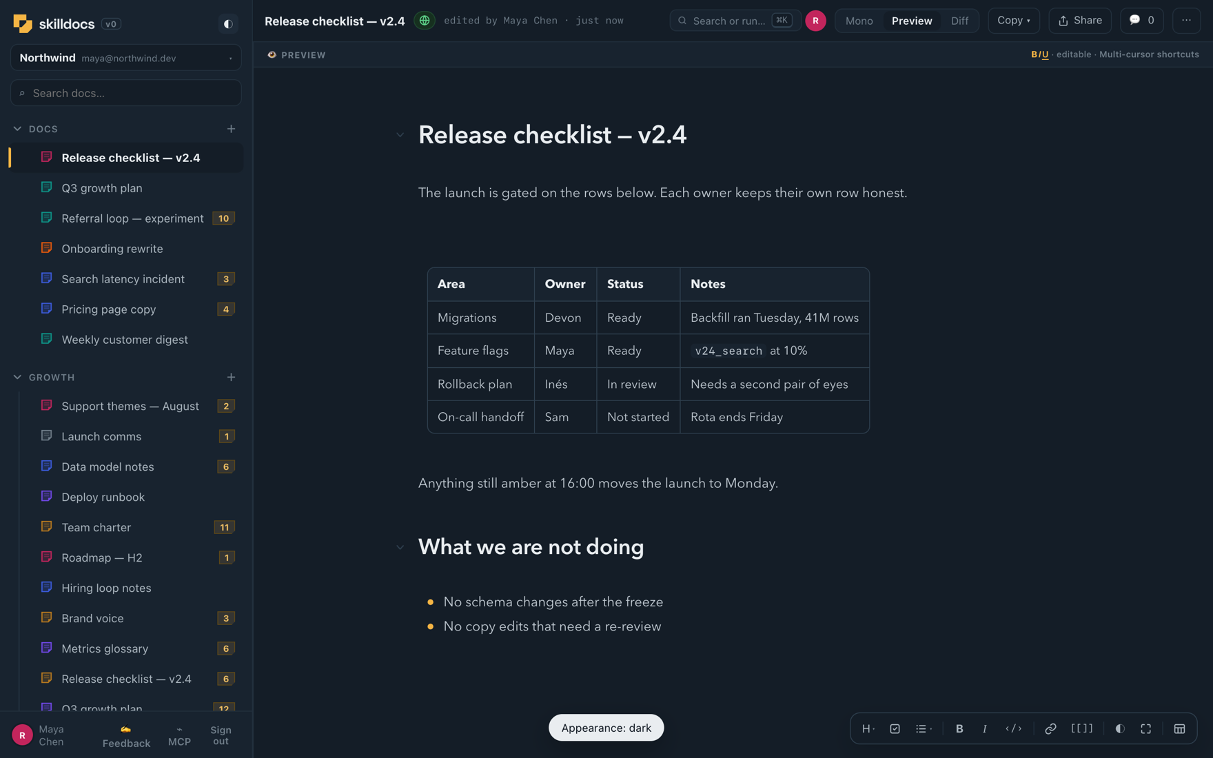 The whole SkillDocs interface in dark theme, rails and document together