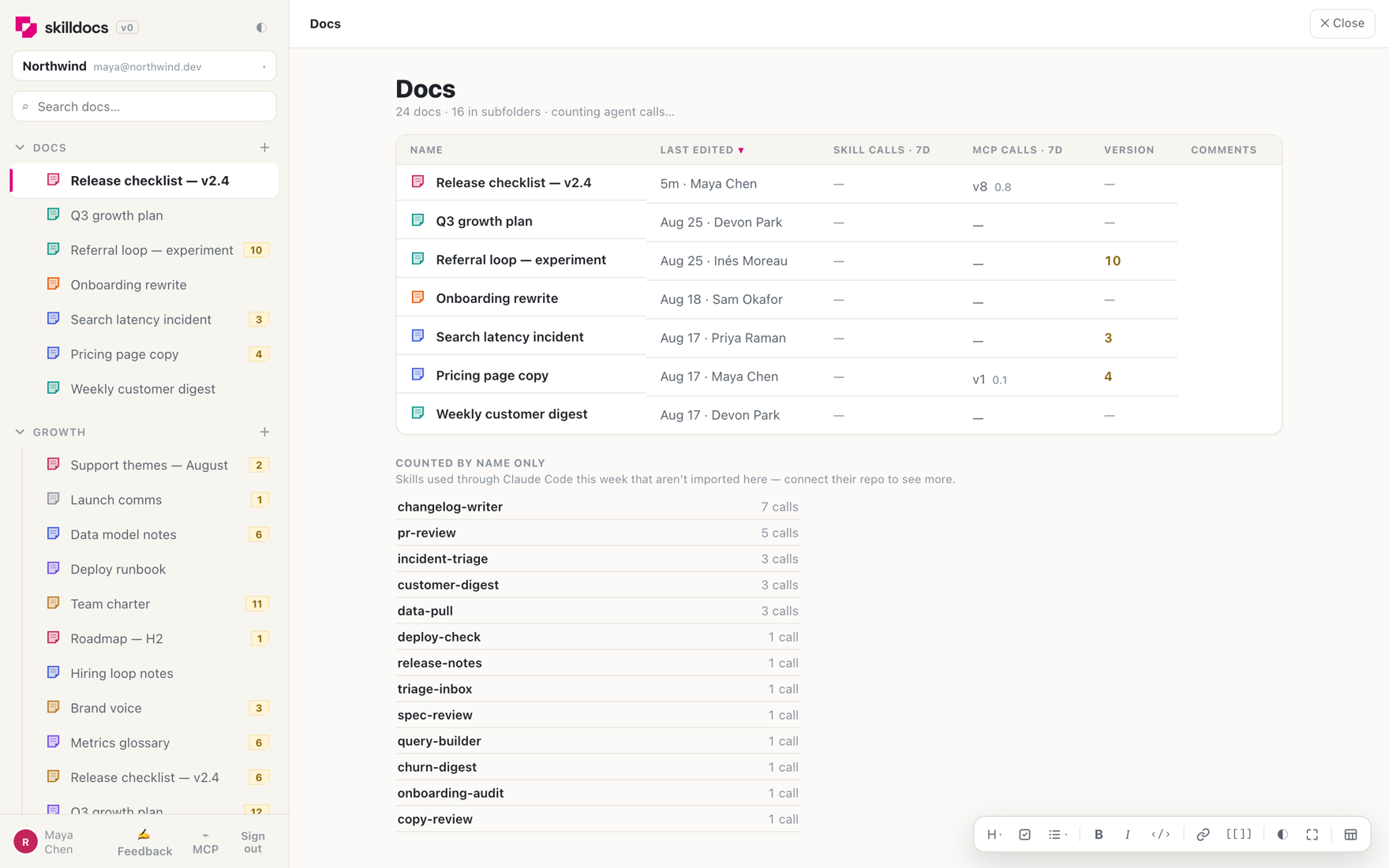 A folder view listing documents in a sortable table, with a panel of skills counted by name only underneath