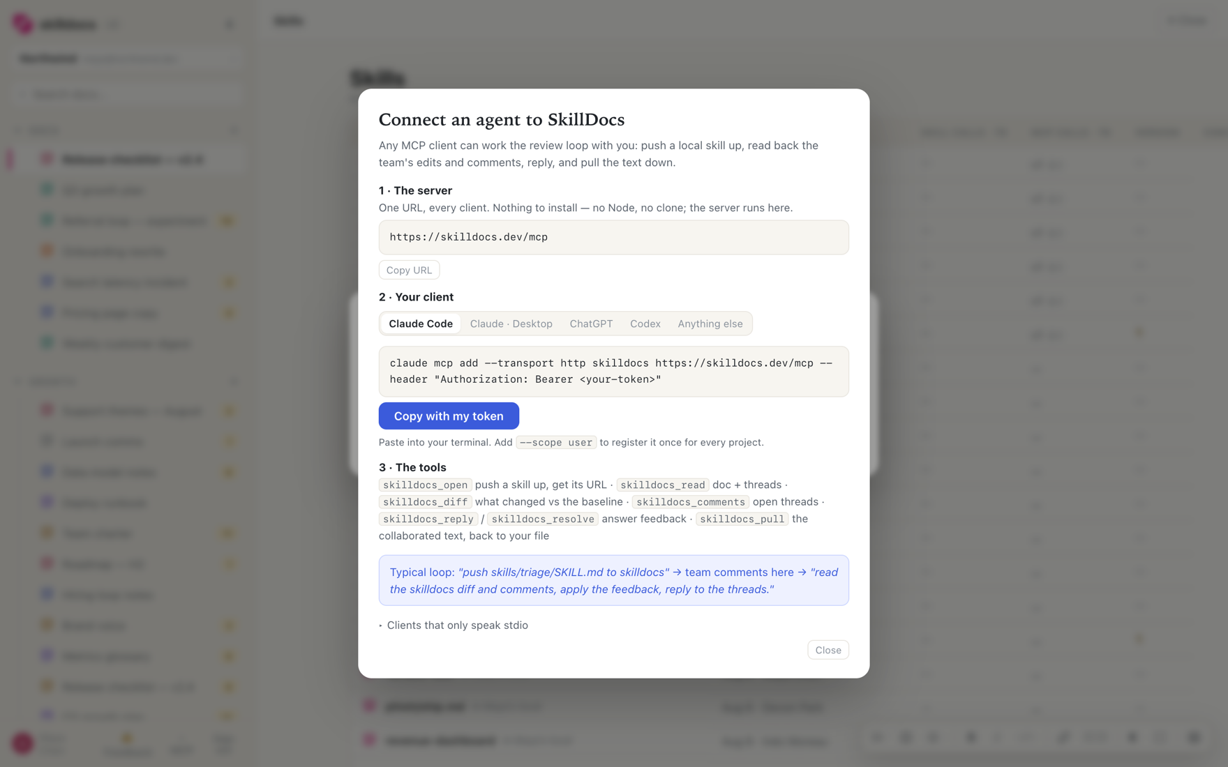 The connect-an-agent panel showing one server URL and a client picker for Claude Code, Claude Desktop, ChatGPT and Codex