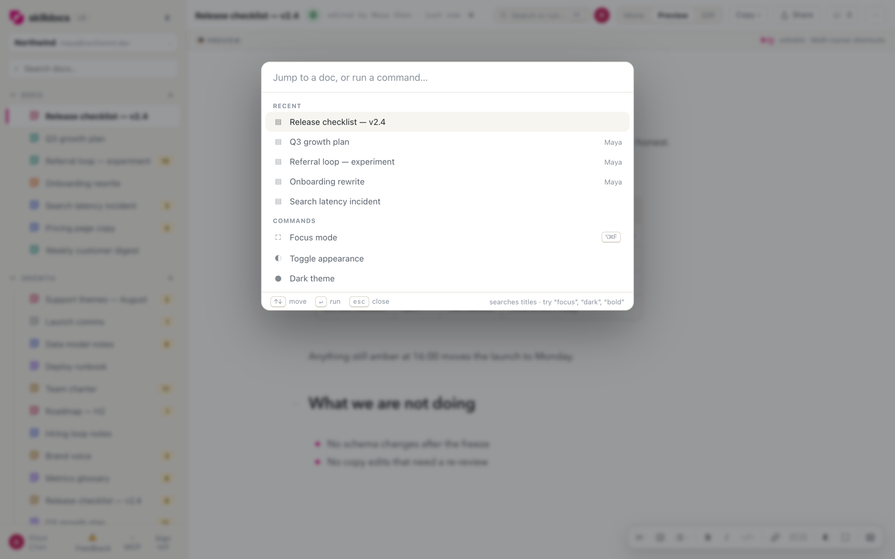 The command palette open over a document, listing recent docs and commands