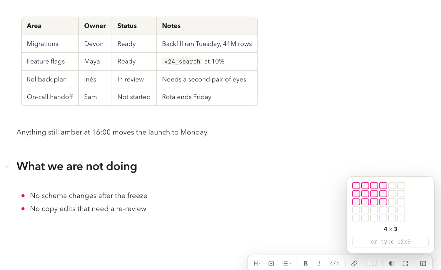 A drag-to-size grid picker open beside the style bar, with a four-by-three selection highlighted