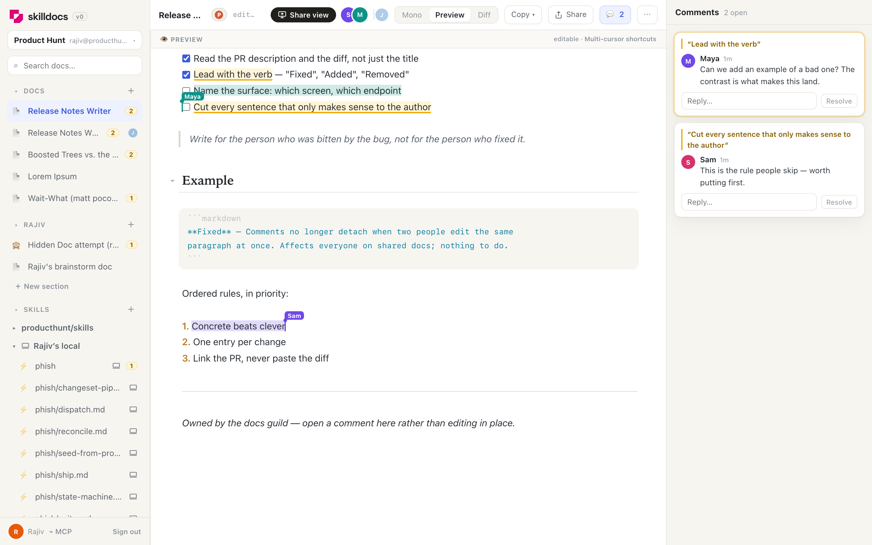 Comment threads in the right rail, anchored to highlighted phrases in the document