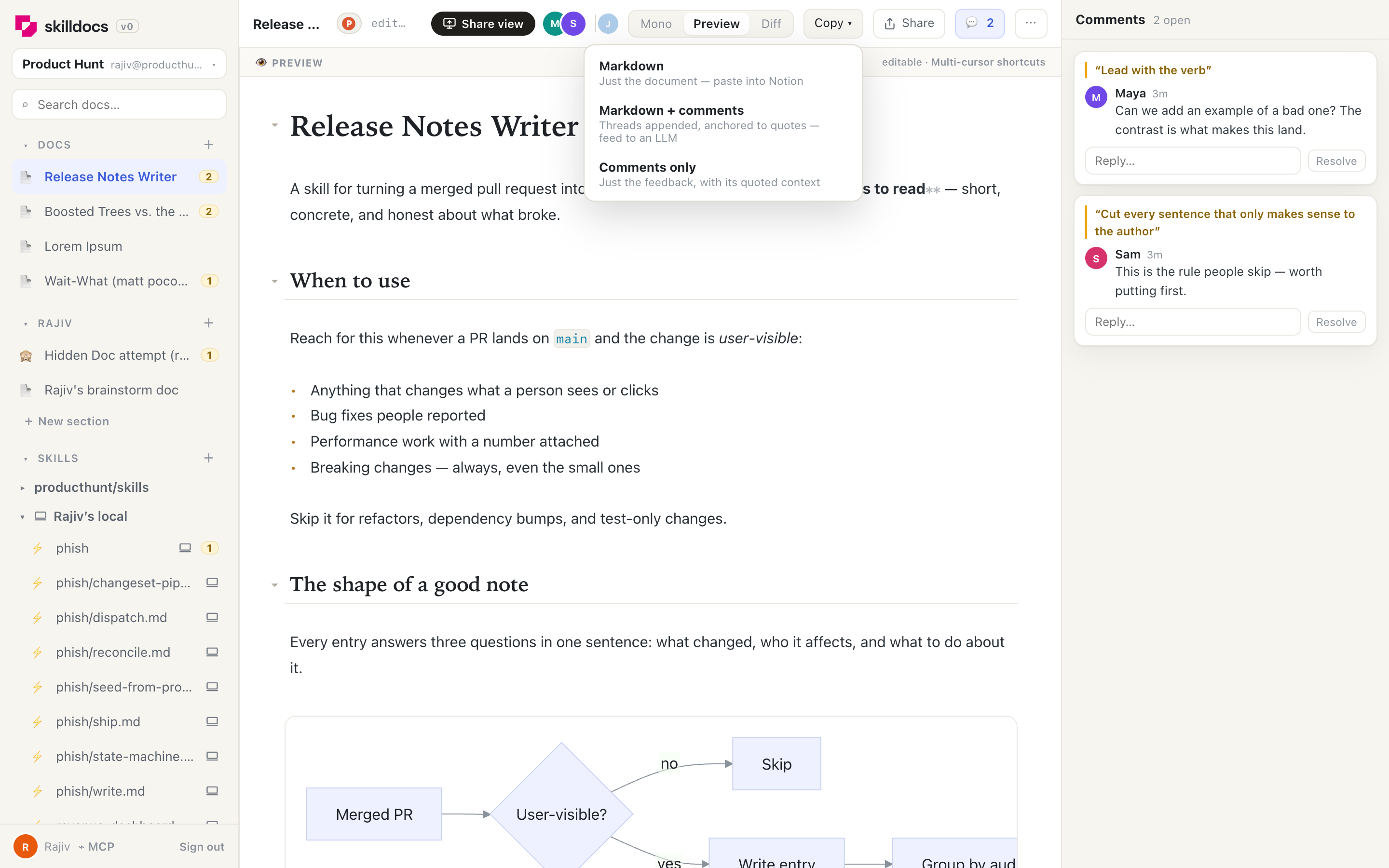 The Copy menu offering markdown, markdown with comments, or comments only