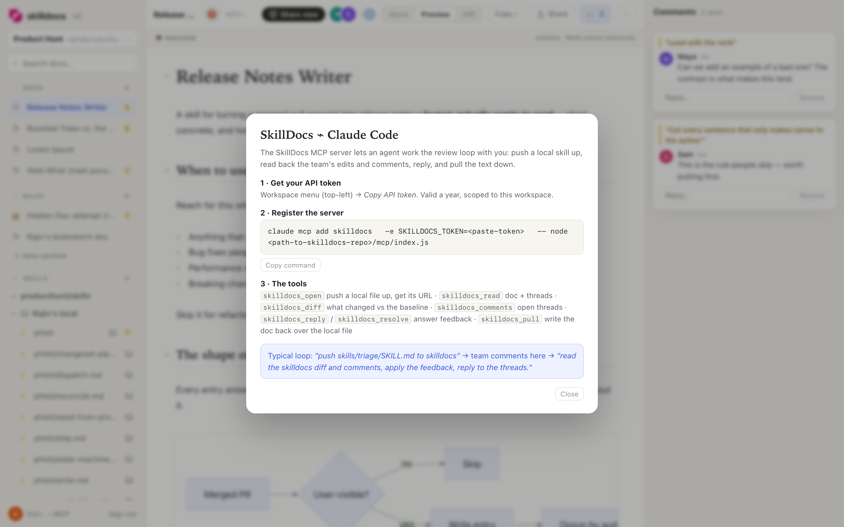The MCP setup panel listing the SkillDocs tools available to an agent