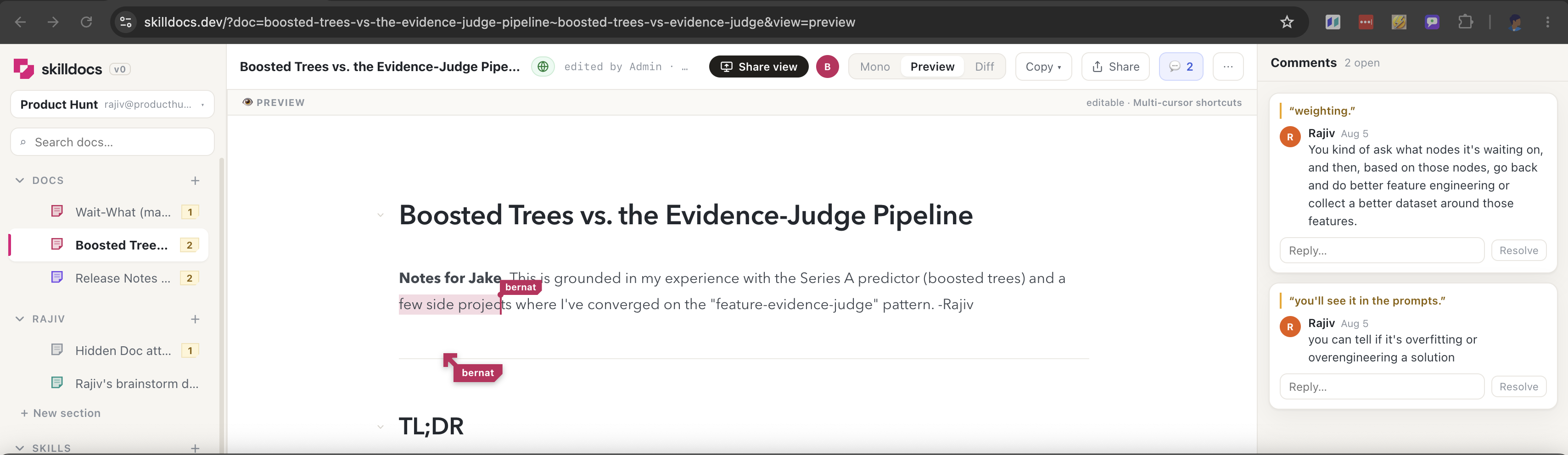 Two collaborators editing the same document with named, coloured cursors and live selections