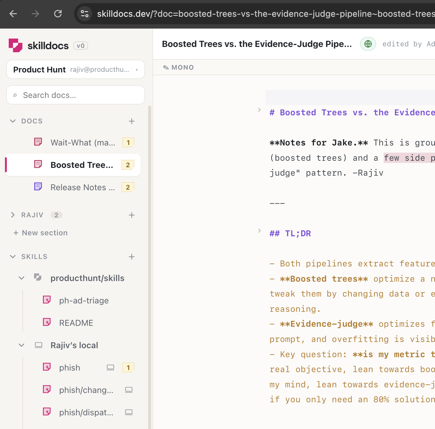 The SkillDocs sidebar beside the Mono view, showing docs, custom sections, and skills from both a GitHub repo and a local machine